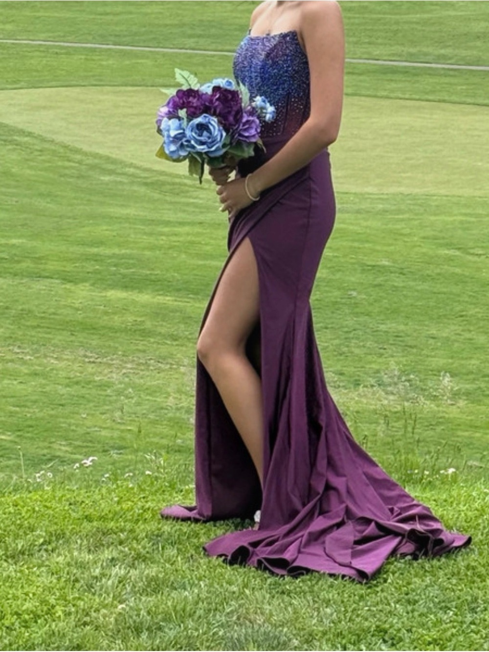 Strapless Purple Prom Gown with Beaded Bodice and High Slit